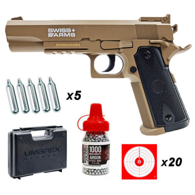 Pack pistolet Swiss Arms P1911 Match tan CO2 cal. 4.5mm BBs 2.2 joules